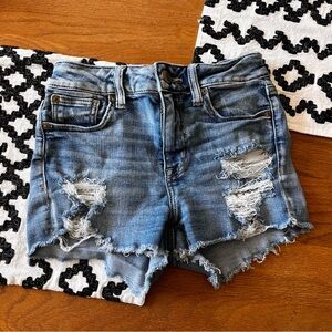 American Eagle Outfitters Blue Distressed Hi Rise Shortie Denim Jean Shorts 0